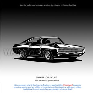 May include: Black and white illustration of a classic muscle car. The car is a two-door coupe with a sleek design, featuring a prominent front grille, headlights, and wheels. The image includes text at the bottom indicating the file types available.