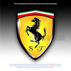 Può includere: Un emblema a forma di scudo con sfondo giallo, raffigurante un cavallo nero rampante. L'emblema ha un bordo nero ed è sormontato da strisce verdi, bianche e rosse. Le lettere "S" e "F" sono in basso.