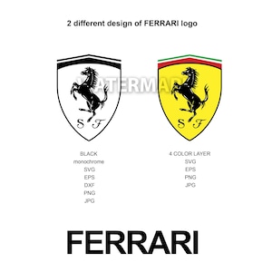 Può includere: Sono presentati due modelli del logo Ferrari. Uno è una versione monocromatica nera, l'altro è un design a quattro strati di colore. Entrambi i loghi presentano un cavallo rampante nero su uno scudo con le lettere "SF". La parola "FERRARI" è visualizzata sotto.