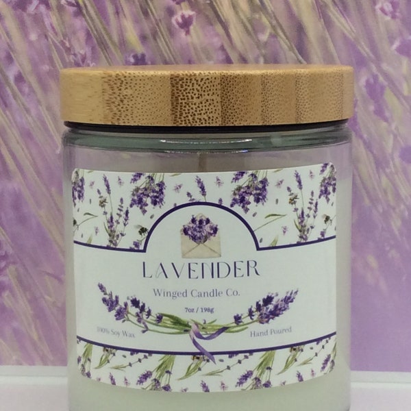 Lavender, relaxing lovely true scented Soy Candle in a 7oz glass container. Eco Friendly. Immerse yourself in the beautify floral  Luxury.