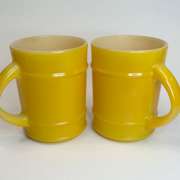 vintage anchor hocking milk glass yellow / orange barrel mug - set of 2