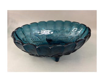 vintage indiana glass, blue harvest grape footed bowl