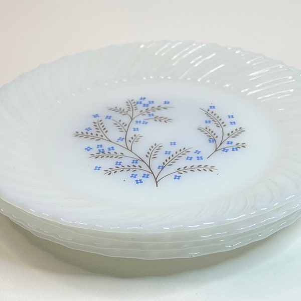 vintage termocrisa milk glass floral plates - set of 4 - fireking, anchor hocking, glasbake