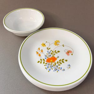 May include: White ceramic plates and a bowl featuring a floral design. The plates have a green border and a pattern of orange, yellow, and blue flowers. The bowl also has a green border.