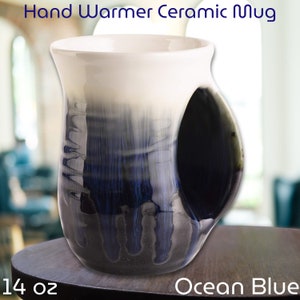 Handwarmer Pottery Coffee Mug - Hand Warmer Ceramic Mug Gift - Contoured Pocket Fingers Warmer Tea Cup - 14 oz Right Handed - Ocean Blue