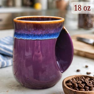 Handwarmer Pottery Coffee Mug, 18oz Porcelain Right Handed Hand Warmer, Fingers Warmer Tea Cup, Birthday Gift for Family Friends- Purple
