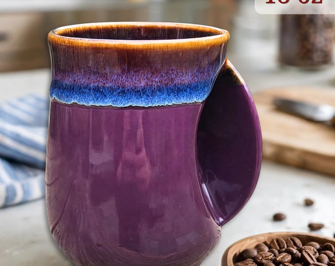 Handwarmer Pottery Coffee Mug, 18oz Porcelain Right Handed Hand Warmer, Fingers Warmer Tea Cup, Birthday Gift for Family Friends- Purple