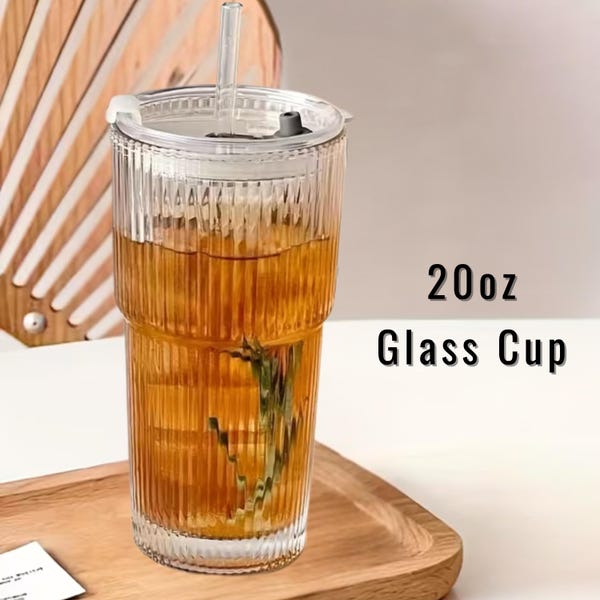 Vertical Striped Ribbed Glass Coffee Mug with Sealed Lid and Glass Straw, 20oz Vintage Cup Gift for Iced Tea, Juice, Milk, Cold Beverages