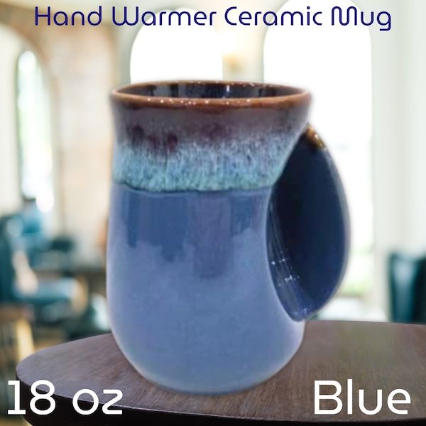 Handwarmer Coffee Mug - 18 oz Porcelain Right Handed Hand warmer Mug - Fingers Warmer Tea Cup - Gift for Family Friends and Couple - Blue