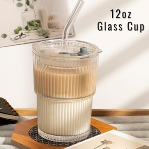 Vertical Striped Ribbed Glass Coffee Mug with Sealed Lid and Glass Straw, 12oz Vintage Cup Gift for Iced Tea, Juice, Milk, Cold Beverages