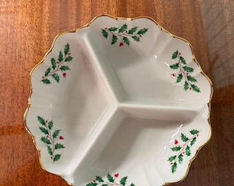 Lenox Holiday 3-compartment serving bowl featuring a classic holly and berry motif