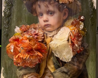 Mixed Media Floral Portrait Canvas, 3D Flower Wall Art, Textured Boy Painting