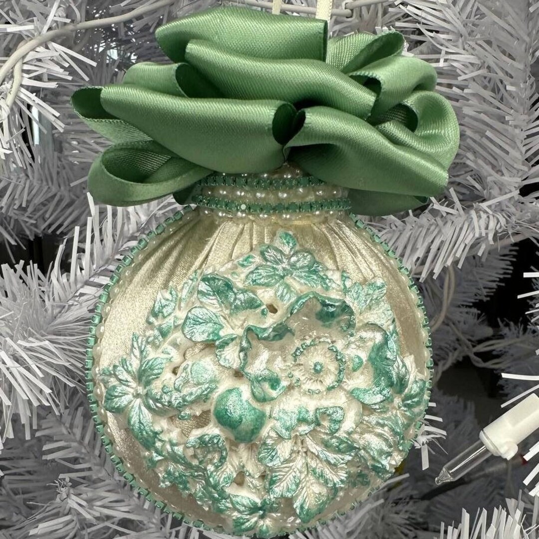 Set of 4 Handmade Ivory Silk Christmas Tree Decorations. Sage Green