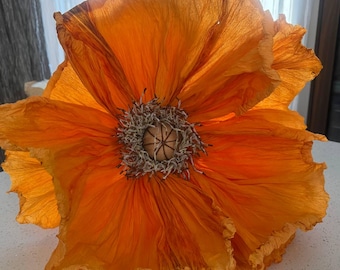 May include: A large, vibrant orange paper flower with delicate, ruffled petals. The flower's center features a detailed, textured seed pod with a radial pattern. The petals have subtle variations in color, creating depth and visual interest. The flower is a decorative item.