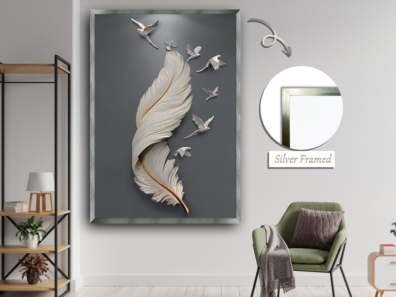 Feather Wall Art, Silver or Gold Glitter Feather Wall Decor, Feather
