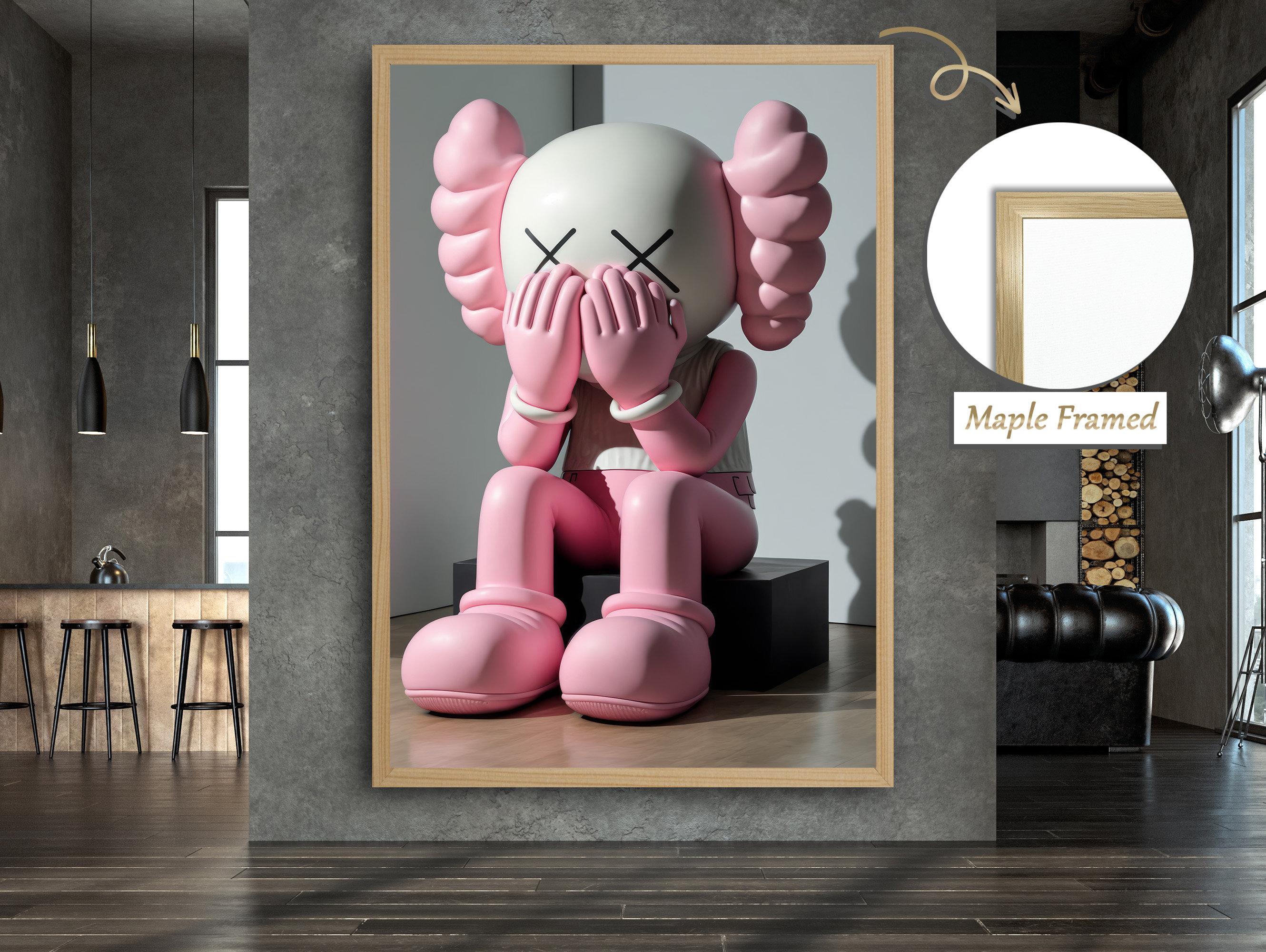 Pink Kaws Canvas Print, Kaws Canvas, Kaws Wall Art, Kaws Poster, Framed