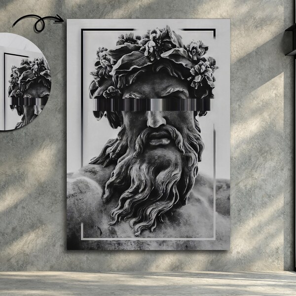 Zeus God Portrait, Greek Mythology Zeus Sculpture, Greek God Canvas Wall Art, Black and White Art, Vintage Sketch Print, Zeus Sculpture