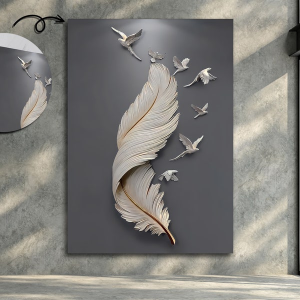Feather Wall Art, Silver or Gold Glitter Feather Wall Decor, Feather Canvas, White Pigeons Wall Art, Feather and Birds Wall Decor