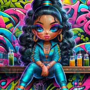 5-PNG Chibi Urban Art Bundle | Afro Latina Graffiti Wall Decor | Bold Digital Download | POD-Friendly Street Style Clipart
