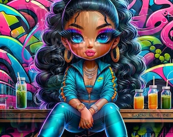 5-PNG Chibi Urban Art Bundle | Afro Latina Graffiti Wall Decor | Bold Digital Download | POD-Friendly Street Style Clipart