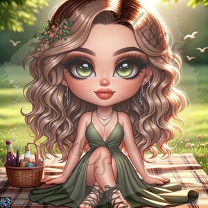 May include: A cartoon illustration of a young woman with long blonde curly hair wearing a green dress and sandals. She is sitting on a picnic blanket with a basket of food and drinks nearby.
