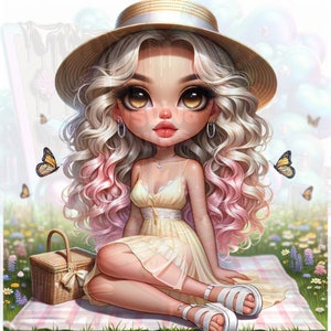 Op de afbeelding: Illustratie van een persoon met grote ogen, gekleed in een gele jurk en een strohoed, zittend op een picknickdeken. De persoon heeft lang, golvend blond haar met roze highlights. Een picknickmand en vlinders zijn ook aanwezig.