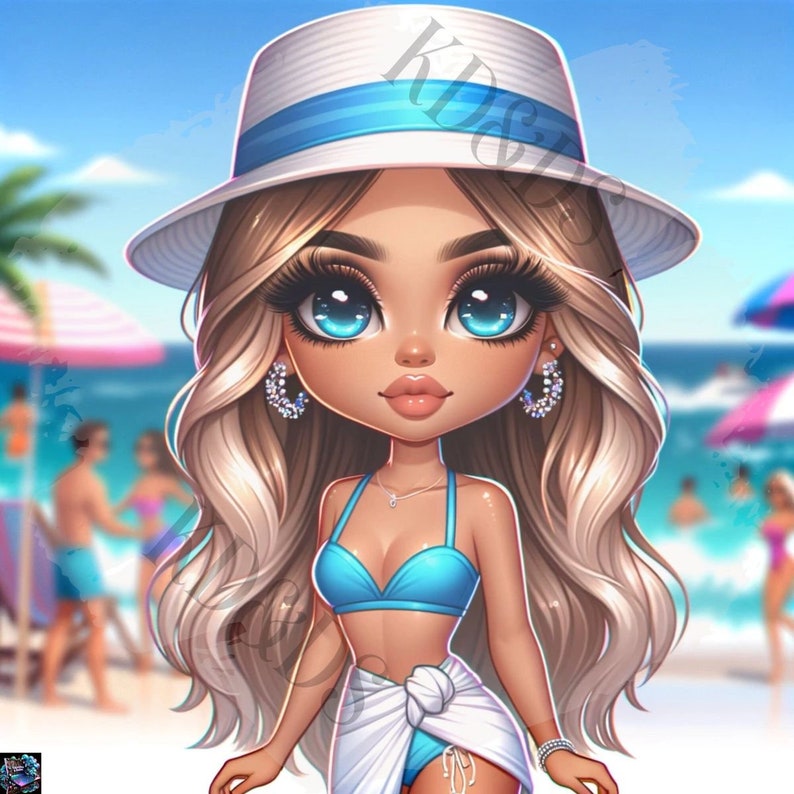 May include: A cartoon illustration of a woman with long blonde hair wearing a white hat with a blue band, a blue bikini top, and a white sarong. She is standing on a beach with a blue sea in the background.