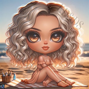 May include: A cartoon illustration of a girl with long blonde curly hair wearing a peach-coloured dress and sitting on a chequered blanket. She has large brown eyes and is wearing a silver necklace and a silver bracelet.