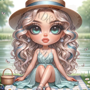 May include: A cartoon illustration of a girl with long blonde hair wearing a light blue dress and a straw hat. She is sitting on a checkered picnic blanket with a wicker basket beside her.