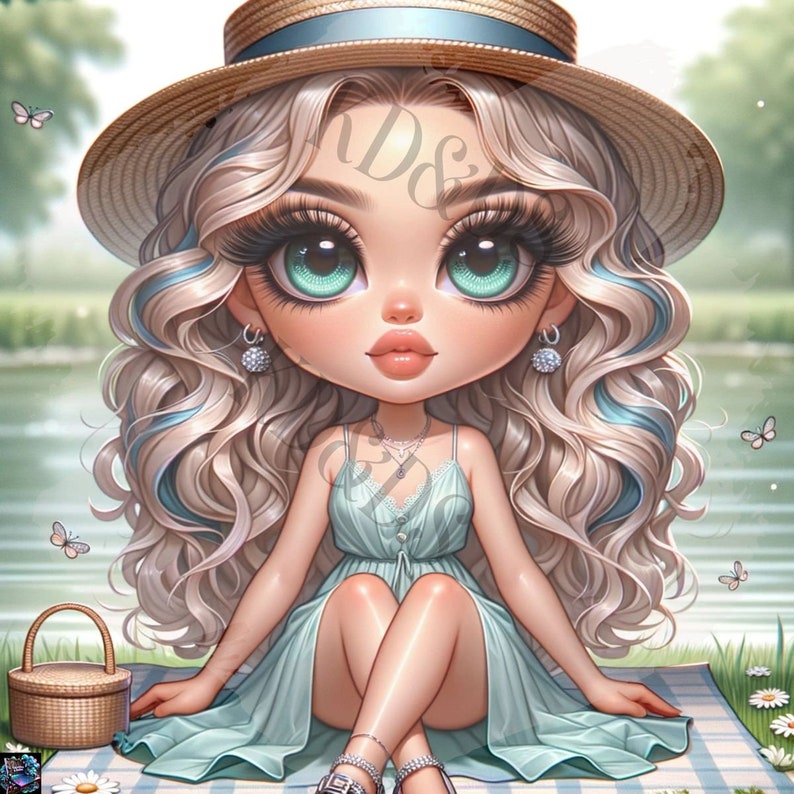 May include: A cartoon illustration of a girl with long blonde hair wearing a light blue dress and a straw hat. She is sitting on a checkered picnic blanket with a wicker basket beside her.