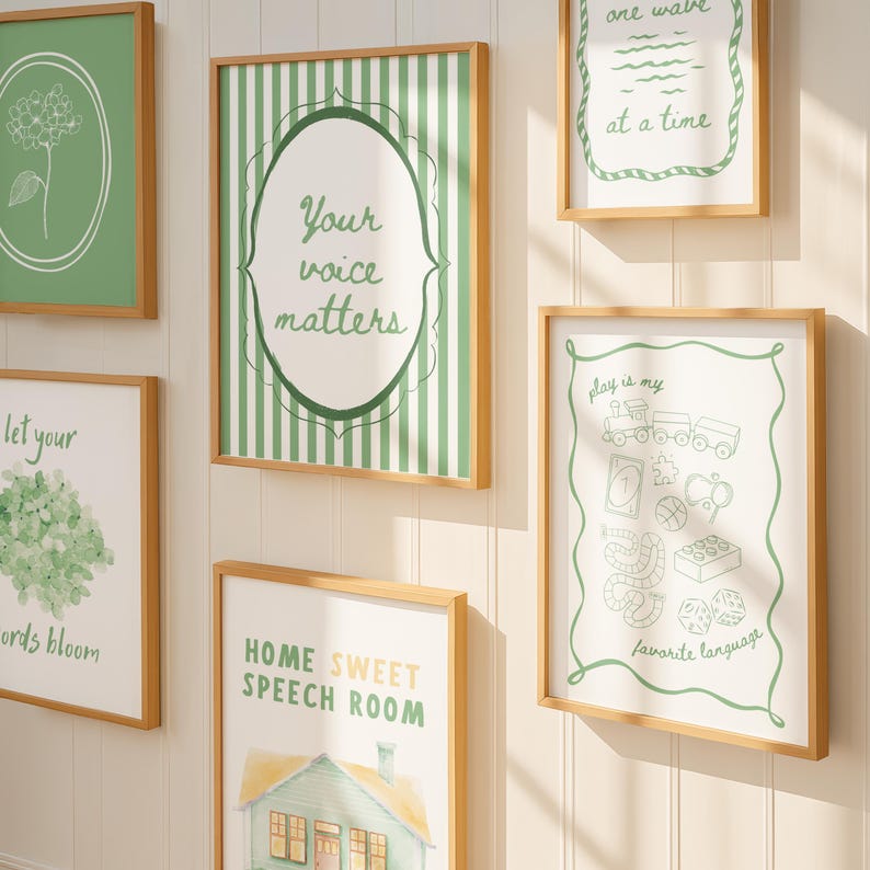 May include: A collection of framed art prints with botanical and inspirational themes. The prints feature green and white designs, including floral illustrations, stripes, and text such as "Your voice matters" and "Home Sweet Speech Room."