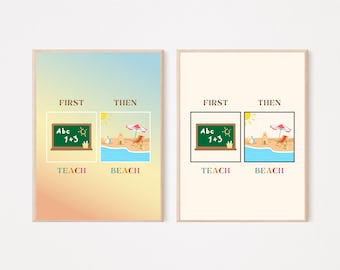 Verano "Primero enseñar, luego playa" Impresiones digitales en el aula / Escuela, Enseñanza, Clase, Decoración, Clínica, Oficina, Carteles de habitaciones / Maestros