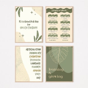 Op de afbeelding: Vier printbare posters met een groen en beige kleurenschema. De posters bevatten illustraties van bladeren en tekst gerelateerd aan logopedie. De tekst op de posters omvat "Het is een mooie dag voor logopedie", "8 delen van de spraak", "Articulatie, fonologie, cognitie, dysfagie, taal, vloeiendheid, afasie, stem, AAC" en "Leren & Groeien".