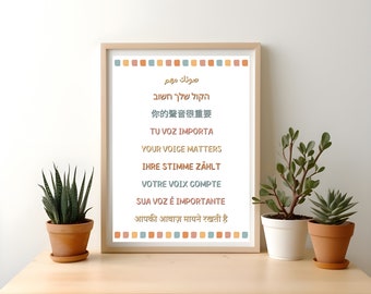 Tu Voz Importa (Diferentes Idiomas) / Impresión Digital / Logopedia, Decoración, Clínica, Oficina, Póster de Sala / Patología del Habla y el Lenguaje