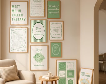 SLP Green Coastal Cottage Digital Prints Bundle | Speech Therapy, Decor, Clinic, Office, Room Posters | Speech-Language Pathology | Wall Art