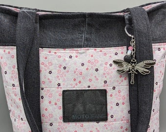 Upcycled black denim shoulder bag recycled jeans tote, inside outside pockets, pink flowers black jeans gift for upcycler, book bag gifting