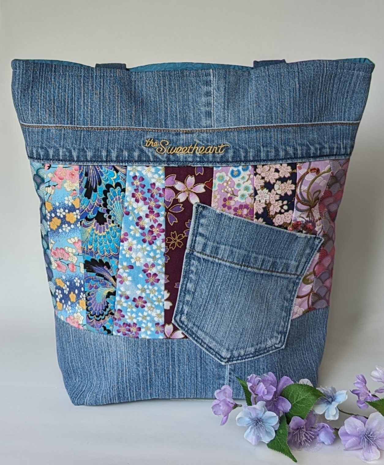 Upcycled Denim Shoulder Bag With Pink and Blue Floral Fabric - Etsy