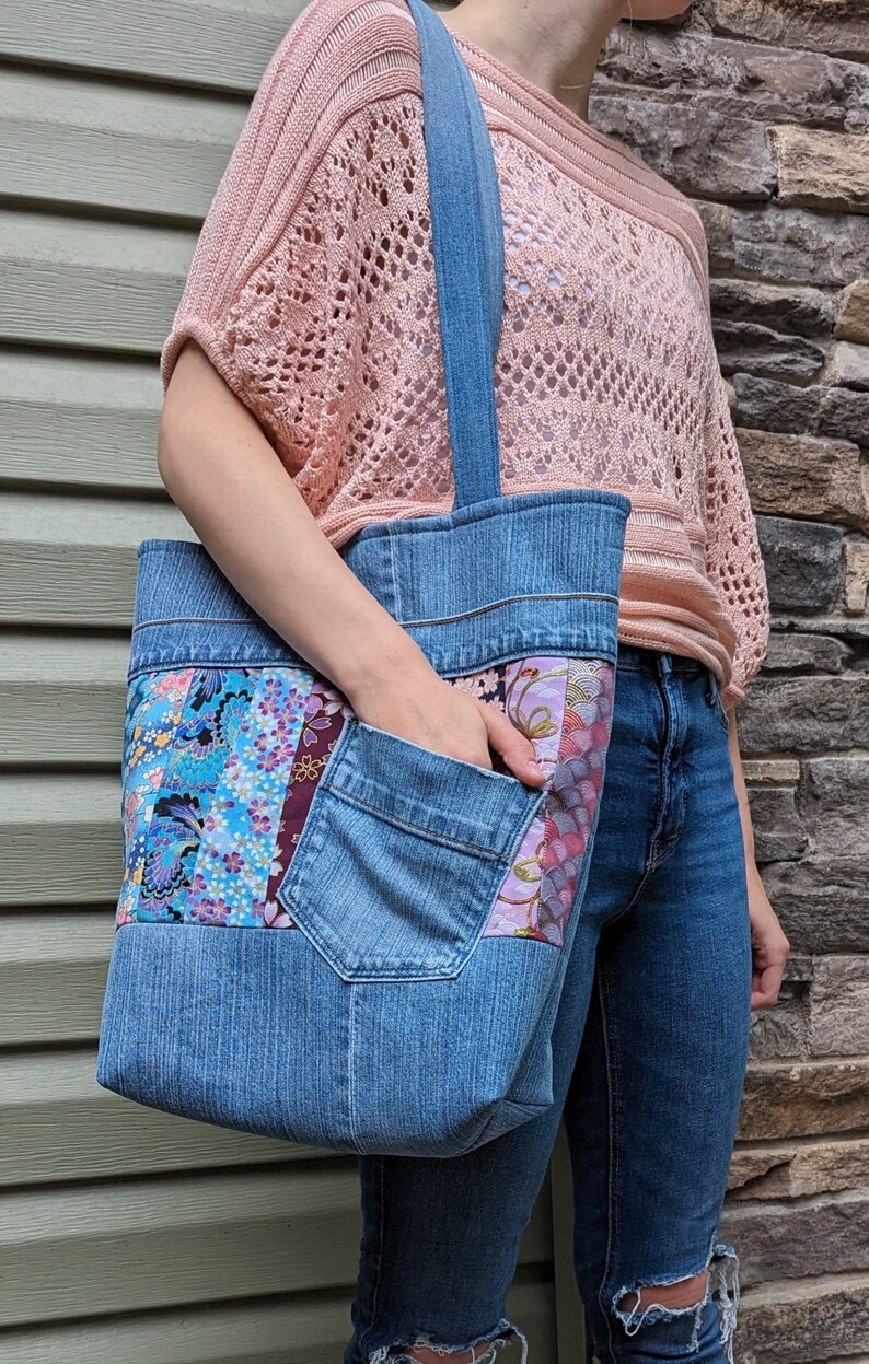 Upcycled Denim Shoulder Bag With Pink and Blue Floral Fabric - Etsy