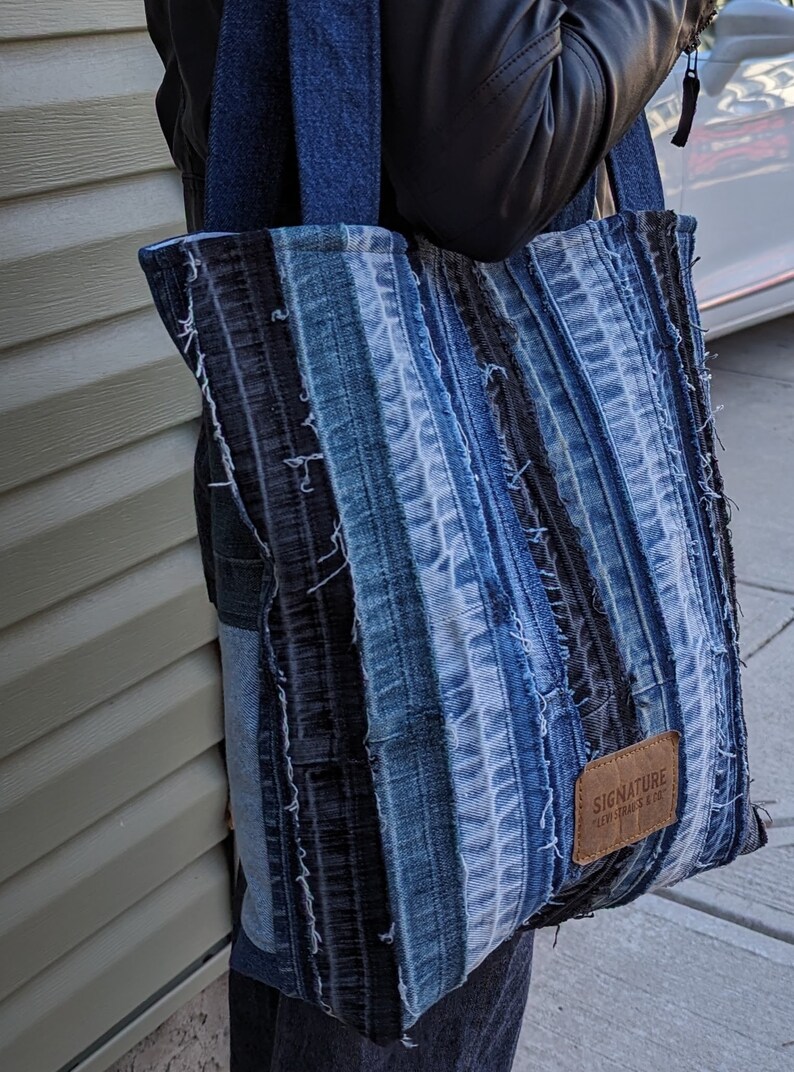 Recycled Denim Scraps Shoulder Bag With Upcycled Jeans Inside Outside ...