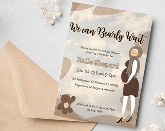 Adorable Bear Theme Baby Shower Invitation Template - Gender Neutral, Editable Invite, Books for Baby, Thank You Card - We Can Bearly Wait!