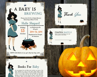 Fall in love with Halloween Baby Shower Invitations! A Baby is Brewing Theme - Gender Neutral, Editable, Digital Bundle with Thank You Card!