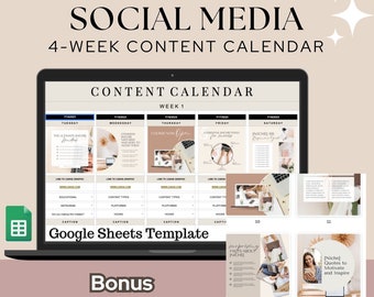 Editable 4-Week Social Media Content Calendar & Instagram Planner Template for Content Creators. Google Sheets Spreadsheet!
