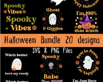 Halloween Bundle: 20 transparent designs SVG and PNG instant download, Witch, Ghost, Pumpkin, for Cricut, Print On Demand, Stickers & More!