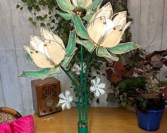 Extraordinary vintage tulip/lotus floor lamp in green and white glass, with three way switching.
