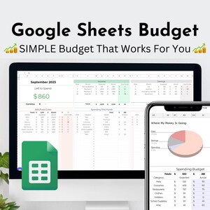 Könnte beinhalten: Ein Computerbildschirm zeigt eine Google Sheets-Budget-Tabelle mit Kategorien für Einkommen, Ersparnisse, Rechnungen und Ausgaben. Die Tabelle zeigt ein Guthaben von 860 € an, das noch ausgegeben werden kann. Ein Handybildschirm zeigt ein Kreisdiagramm mit dem Titel "Wohin geht mein Geld" und eine Tabelle mit dem Titel "Ausgabebudget".