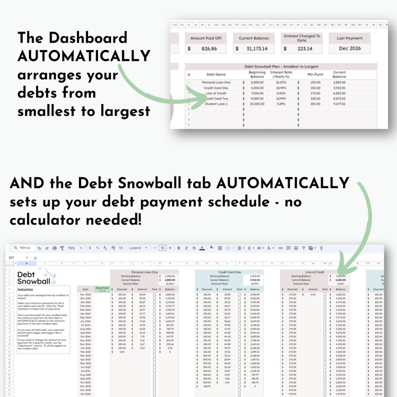 Image of debt snowball plan and debt payoff schedule in the tracker spreadsheet