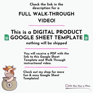 K&ouml;nnte beinhalten: Eine digitale Google Sheet-Vorlage mit einer Comic-Kuh, die einen Geldbeutel h&auml;lt. Der Text lautet "Dies ist ein DIGITALES PRODUKT GOOGLE SHEET TEMPLATE nichts wird versandt. Sie erhalten eine PDF-Datei mit dem Link zu dieser Google Sheet-Vorlage und einem Erkl&auml;rvideo. Schauen Sie sich meinen Shop f&uuml;r weitere lustige und einfache Google Sheet-Vorlagen an! ☑ Oh She Has a Plan"