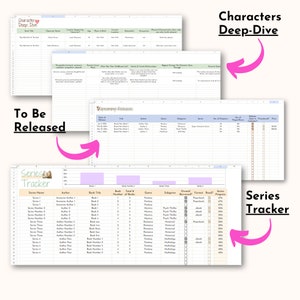 images of spreadsheets in reading tracker: characters deep dive, to be released and series tracker