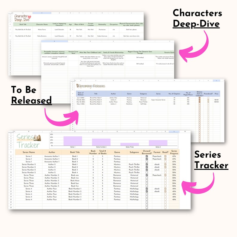 images of spreadsheets in reading tracker: characters deep dive, to be released and series tracker