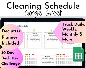 Può includere: Un foglio di calcolo Google stampabile digitale con uno schema di colori rosa e verde. Il foglio include attività di pulizia giornaliere, settimanali e mensili. Il testo "Declutter Planner Included" e "30-Day Declutter Challenge" è incluso anche nell'immagine.